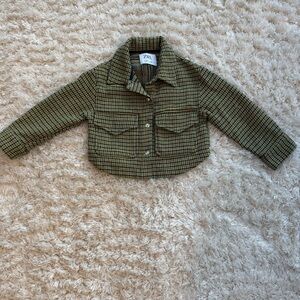 Zara Kids Jacket Cropped Plaid Green Blue Brown - Size 6/7 Girls